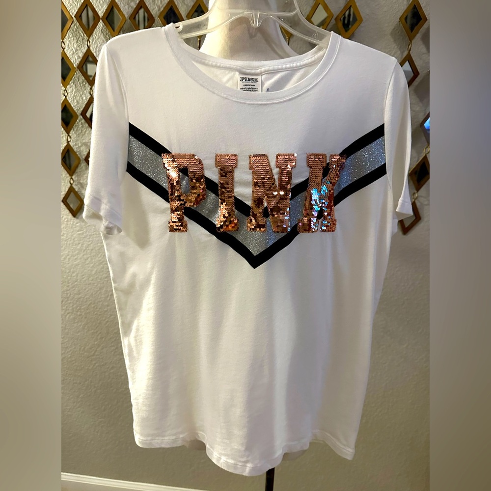 PINK Victoria's Secret White Metallic Graphic Short Sleeve Tee